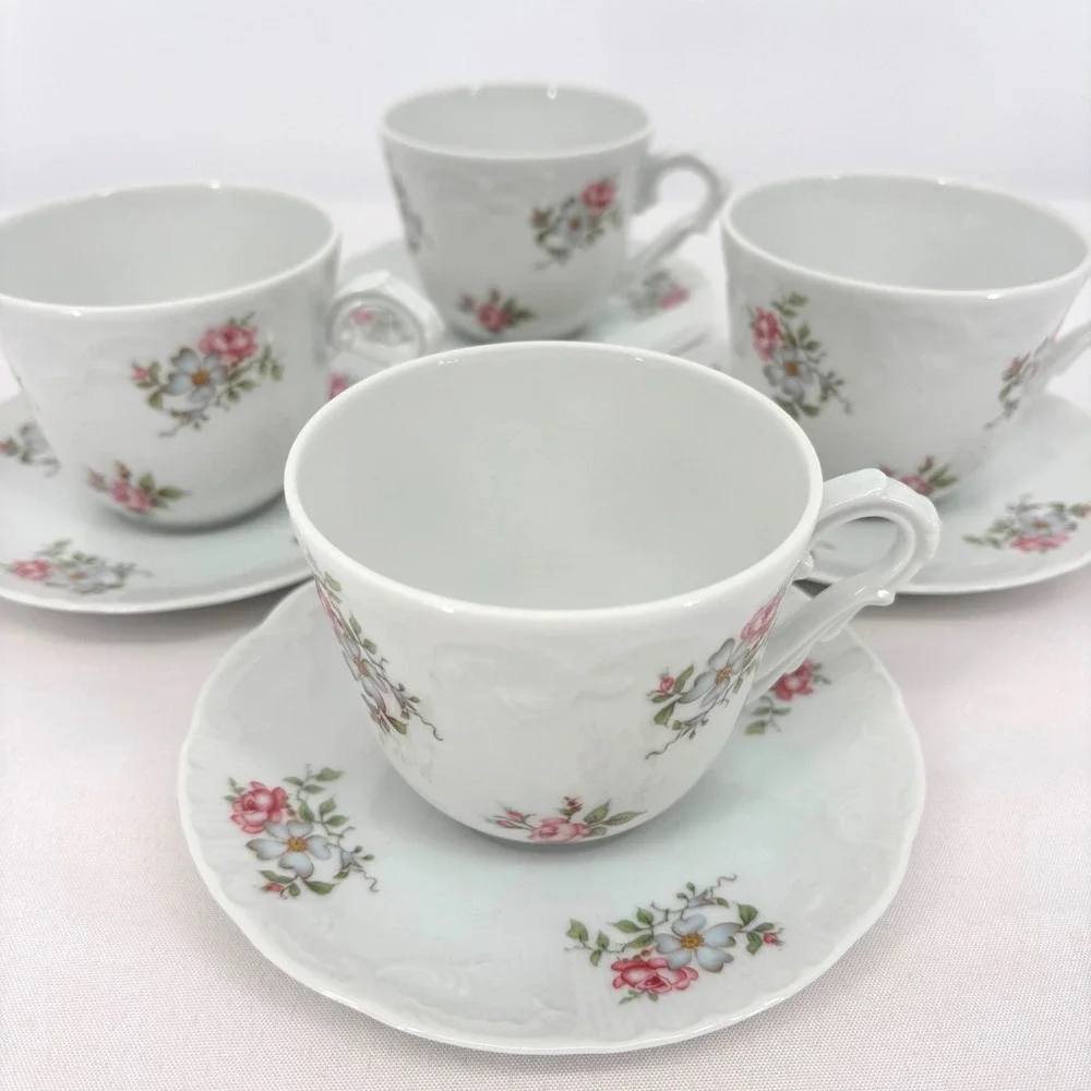 Princess House Rose Garden Fine Porcelain Tea Cup Saucer Set 4 Vintage 1988 NIB